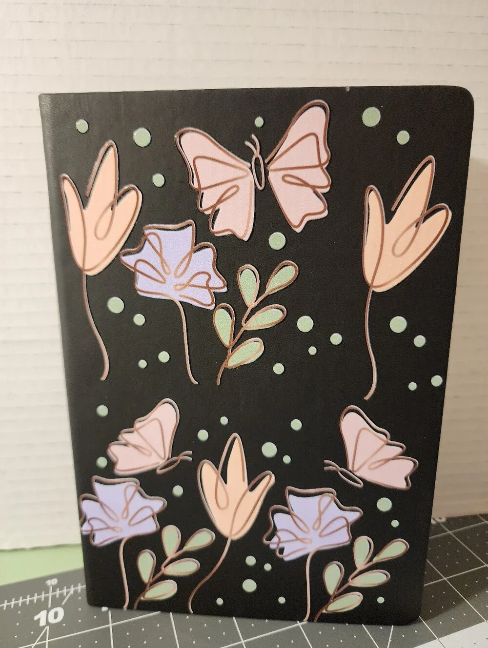 Floral & Butterfly Black Notebook with Pastel Accents